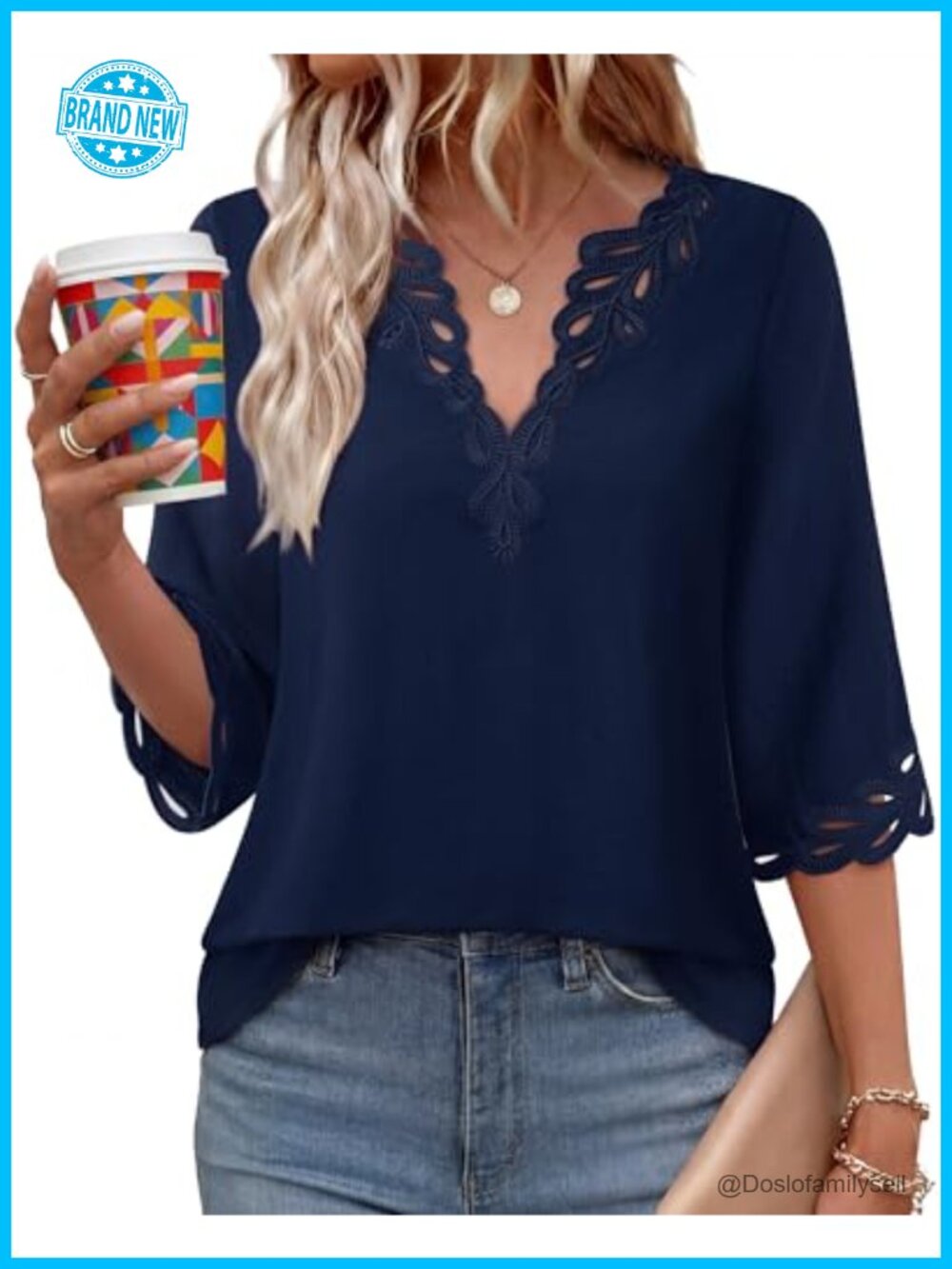 Bohemian Eyelet Embroidery Blouse V Neck 3/4 Sleeve Boho Summer Loose Fit